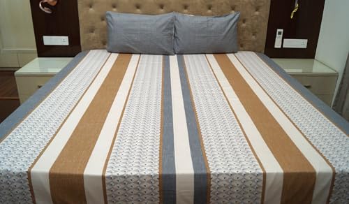 Vissage Grey Geometric Cotton King Bedsheet with 2 Pillow Covers