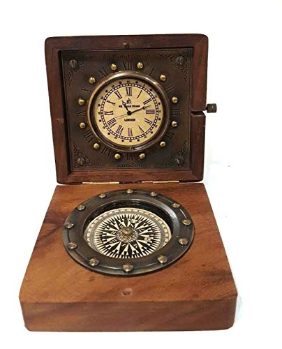 TGA Wooden Desk Clock Compass Collectible Wood Box Gift