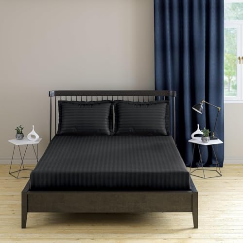 Evan Cotton 48x72x6 inch Single Fitted 300TC Satin Stripe Elastic Fitted Bedsheet |Home, Pg, Hotel, Hostels, Hospital Fitted Bedsheet with 1 Pillow (72"x48" up to 6" Mattress | 6x5 feet, Black)