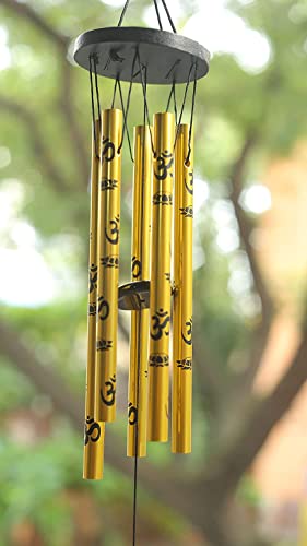 Arnav Feng Shui Metal Wind Chimes with Om Printed on Five Pipes for Good Luck (Golden)