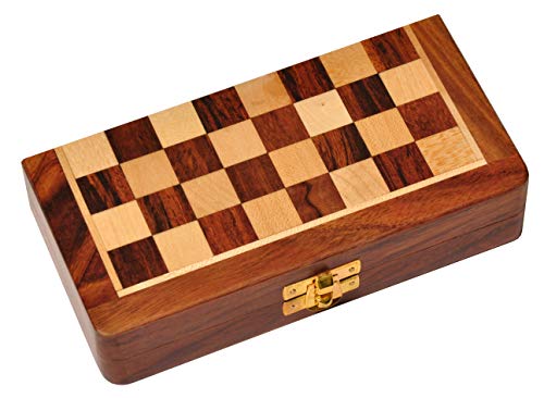 PALM ROYAL HANDICRAFTS Wooden Handmade Foldable Magnetic Chess Board Set with Magnetic Pieces and Extra Queens for Kids and Adults (7.5x7.5 Inches, Brown) Small