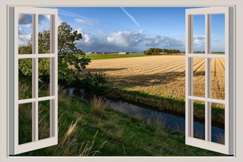 JVERF - JZZA24892 Netherlands Fields Canal| Self-Adhesive Open Window Wall Sticker