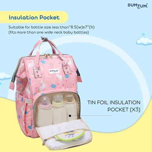 Bumtum Baby Diaper Bag for Mothers | Spacious Waterproof Backpack with Multiple Pockets to Easily Organise Baby Essentials, Various Sized Pockets (Unicon Print, Pink)