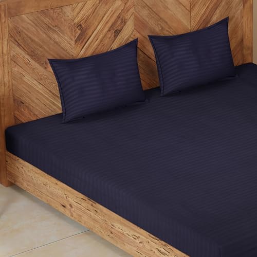 CloudWeave Home Company's Premium 210TC Cotton Striped Hotel Bedsheets for Double Bed, Fitted Bedsheet 60 x 72 inches & 8 Inch Drop with 2 Pillow Covers 18 x 27 Inches. Navy Blue Bedsheet