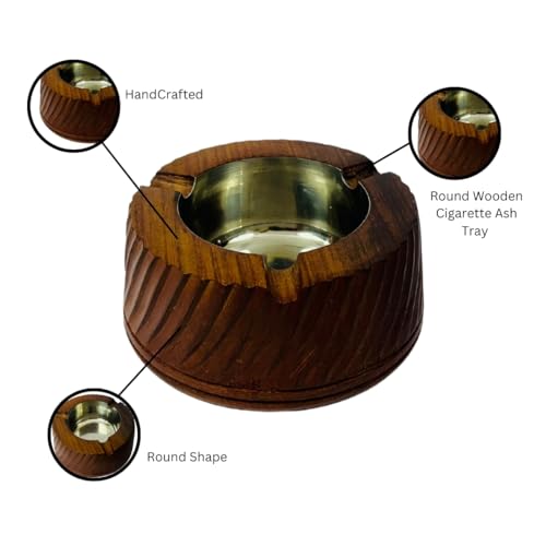 Wooden Ashtray with Metal Insert, Round Design, Carved Brown