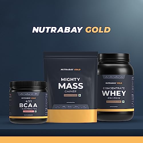 Nutrabay Gold Mighty Mass Gainer Powder - 1kg, Rich Vanilla Creme | 15.6g Protein, 82g Carbs, 395 Calories | 100% Veg | Vitamins & Minerals Rich Muscle Building Supplement for Men & Women