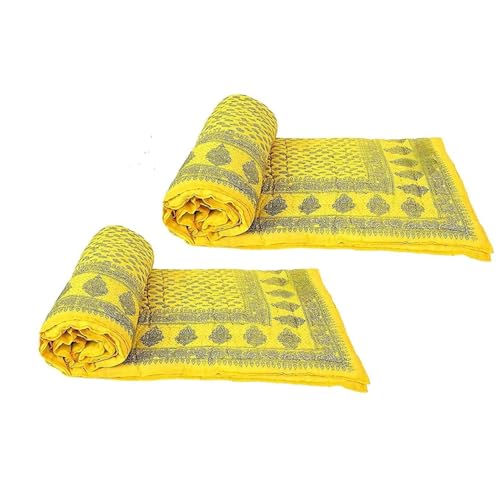 fashhub Traditional Single Bed Soft Gold Block Silk Print Light Weight Pure Cotton Jaipuri AC Quilt/Razai Yellow, Single (55 x 85) (Set of 2)