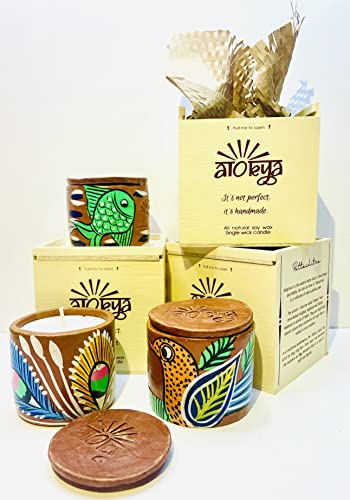 Alokya - Pack of 3 - Single Wick Scented Candle in Terracotta Jar with Pattachitra Folk Art (Aranya/Gulshan/Gulshan)