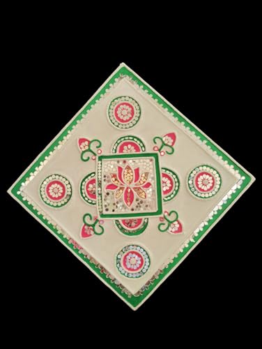 Decorative Rangoli Acrylic Floor Art, Traditional Lotus Design, Pink and Green, 30 cm Square