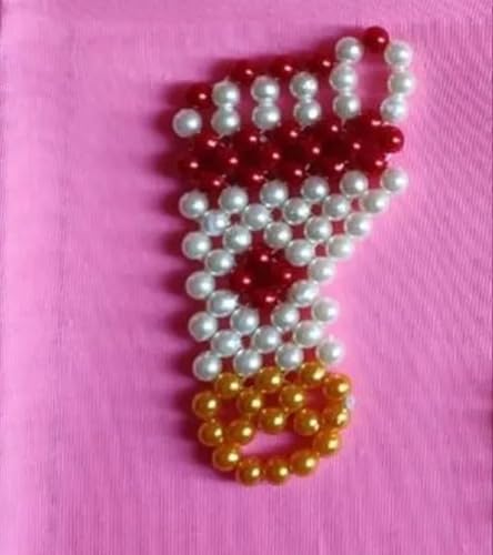 Decorative Pearl Beaded Rangoli Set with Laxmi Paule and Swastik Design, Red, White and Golden