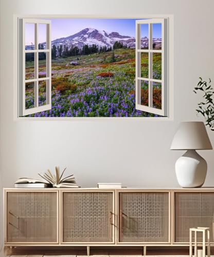 JVERF - JZZA32528 USA Parks Mountains Lupinus Mount Rainier National| Self-Adhesive Open Window Wall Sticker