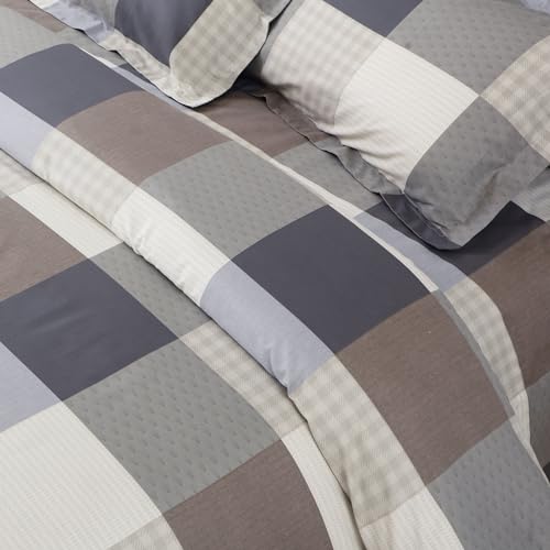 Malako Sion Beige and Blue Checks King Size Bedsheet with 2 Pillow Covers