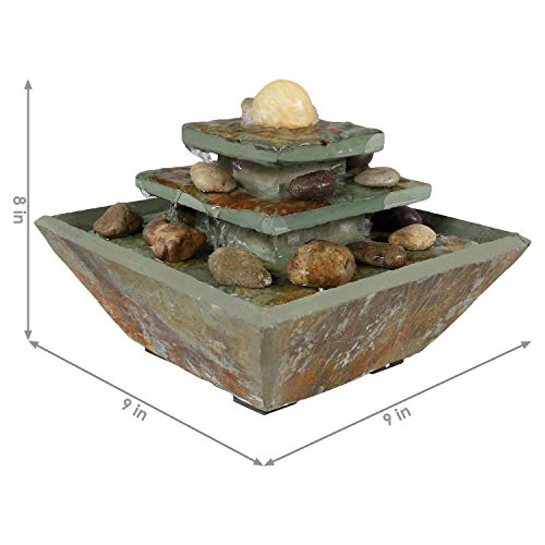 Sunnydaze 8-Inch Ascending Slate Tiered Waterfall Fountain - Built-in LED Light Provides Ambient Lighting - Perfect Size for Desktop or Bedroom - Indoor Relaxation - Electric Square Water Feature