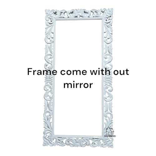 AESTHETIC DECOR Wooden(4x2.5) ft Carved Wall Mirror Frame Solid Mango Wood, | with Out Mirror | Crown Pattern White Deco