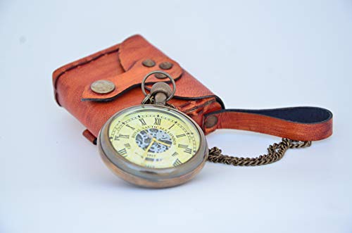 USEW Handmade Roman Dial Antique Vintage Style Brass Clock with Chain and A Brown Leather Case