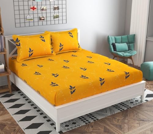 YKNIP Premium Cotton Flat Double Bedsheets with 2 King Size Pillow Covers | Double Bed Breathable | Wrinkle Free | Ultrasoft 220 TC Supersoft | 90x100 Inches, 7X8.5 Feet | Floral, Yellow