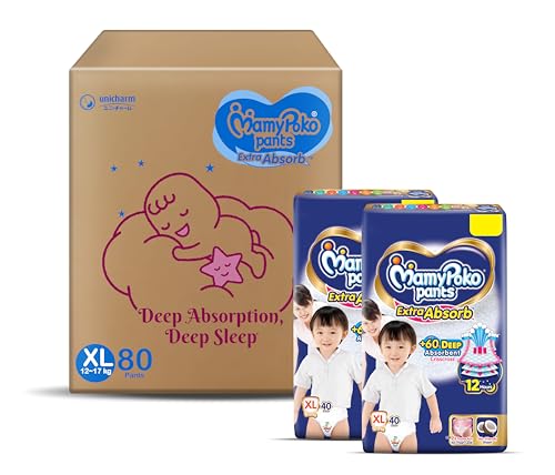 MamyPoko Pants Extra Absorb Baby Diapers, X-Large (XL), 80 Count, 12-17 kg