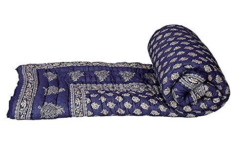 Slickcomfort Rajasthani Traditional Light Weight Pure Cotton Single Bed Soft Jaipuri Floral Print AC Quilt/Razai (Blue Dai Gold)