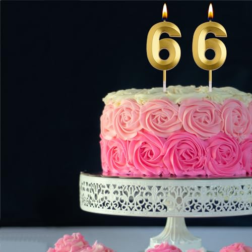 AOOLADA 66th Birthday Candles, Gold 66 Year Old Number Birthday Candles, Happy Birthday Party Decorations Cake Topper Gifts for Men Women