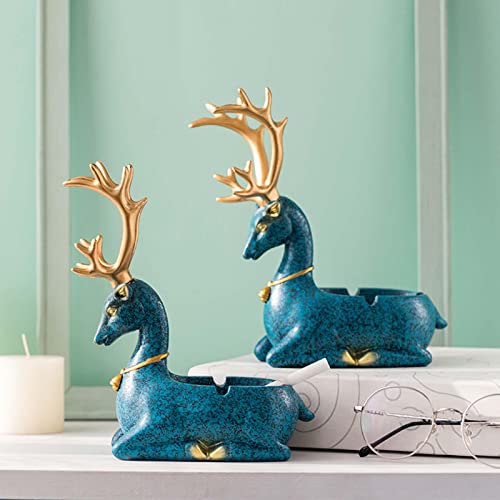 MYADDICTION Couple Deer Statue Ashtray Animal Statue Crafts Resin for Office Home Cafe Blue