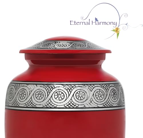 Eternal Harmony Cremation Urn for Ashes, Adult Male & Female Large Urn for Human Ashes with Elegant Finishes, Secure Seal & Velvet Bag, Funeral Urn for Men & Women Up to 200 lbs, 7 x 11 in (Red)