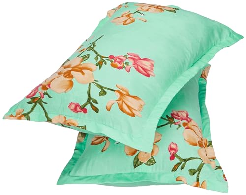 Amazon Brand - Solimo Florally Yours Microfibre Elastic Fitted Bedsheet for Double Bed with 2 Pillow Covers (Green), 144 Tc