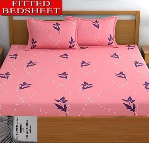 Madhu Textiles 250 TC Cotton All Round Elastic Fitted Double Bedsheet (72X78 inch) with 2 Pillow Covers, (Double, Pink)