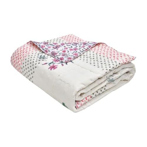 AARMOZY Cotton Jaipuri Razai Single Bed Hand Block Floral Buta Bail Print Quilt Blanket - Pink (Single Bed A)