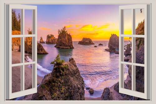 JVERF - JZZA31324 USA Coast Sunrises and Sunsets Crag Beach| Self-Adhesive Open Window Wall Sticker