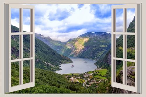 JVERF - JZZA25841 Norway Mountains Rivers Forests Geiranger Fjord| Self-Adhesive Open Window Wall Sticker