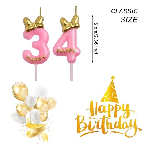 AOOLADA 34th 43rd Birthday Candles, Pink 43 34 Year Old Cake Topper Cute Number Birthday Candles, Birthday Party Decorations Gifts for Girls Women