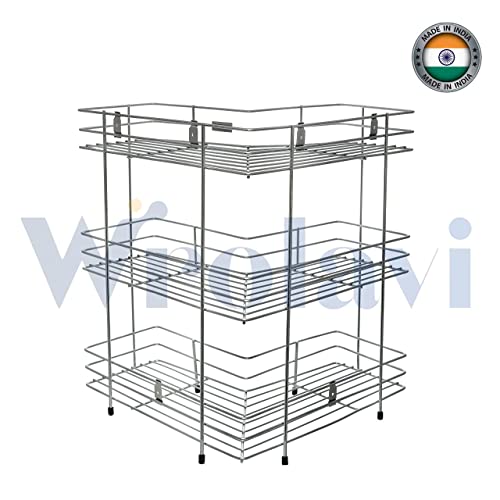 ZINBELL L Corner Shape Stand Triple Layer 3-Tier Stainless Steel Multipurpose Storage Rack/Shelf Rack for Dish Kitchen & Bathroom Polished Steel Finish (Silver, Corner Shelf)