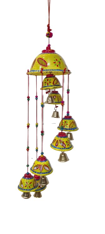 Udaan Fabric Rajasthani Design Handcrafted Hanging Windchimes| Latkan with 7 Bells for Home Décor & Positive Energy,Pack of 1 (Yellow)