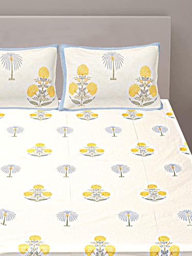 Goodadi Pure 100% Cotton Sanganeri Block Printed Bedsheet with 2 Pillow Covers | Block Print | King Size - 100x108 Inch (Yellow)