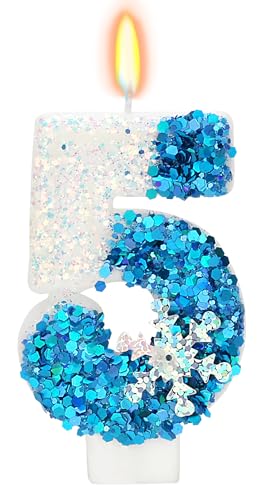 Snow Themed Birthday Candles, 5th Birthday Candle for Party Supplies, Winter Birthday Party Supplies, 2.76 inch Number 5 Cake Topper Decoration (Number 5)