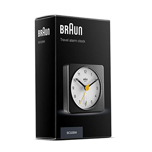 Braun Classic Analogue Travel Alarm Clock with Snooze Function and Light, Compact Size, Quiet Quartz Movement, Crescendo Alarm, Black and White Model BC02XBW