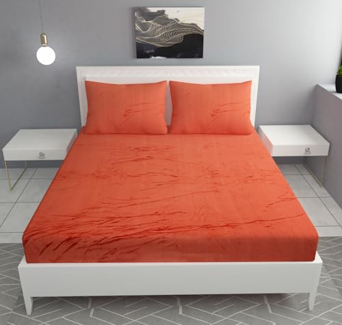 Sands Luxurious Bedsheets for Winter, King Size Fitted Warm Double Bedsheet, 72 x 78 x 10 inches, with 2 Pillow Covers (Orange)