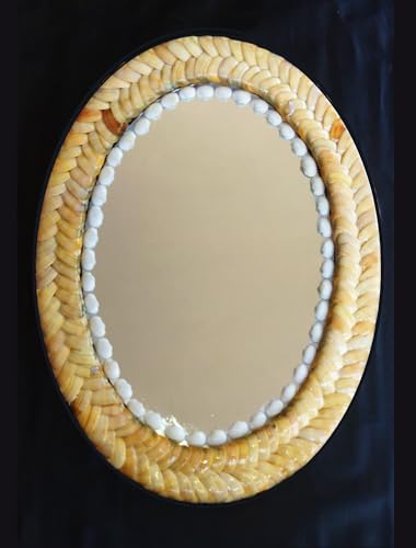 ZENRISE Decorative designer seashell handicraft oval framed wall mirror, 37 cm, Beige