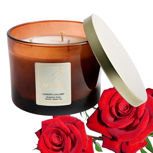 Allure Living Lovers Lullaby Luxury British Rose Soy Candles | Large 3 Wick Jar Candle | Up to 40 Hours Burning Time | Natural Soy Wax | Relaxing Aromatherapy Aesthetic Candle Scented Candle