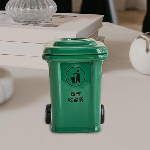 THE STYLE SUTRA® Mini Trash Can Shape Ash Holder Ceramic Portable for Living Room Office Desk Green