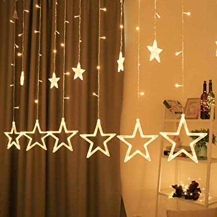 12 Stars 138 Led Curtain String Lights Window Curtain Lights with 8 Flashing Modes Decoration for Christmas, Wedding, Party, Home, Patio Lawn Warm White (138 Led-Star, Copper, Pack of 1)