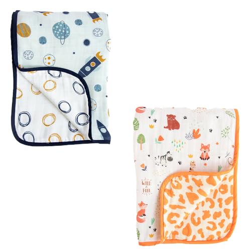 Yellow Doodle Child of The Universe + Baby Animals Reversible Muslin Blanket - Adorable Combo for Unisex Baby Ages 0-4 Years