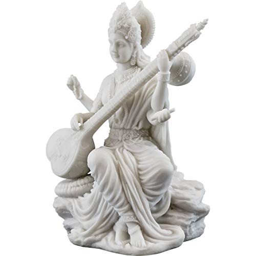 Top Collection Saraswati Statue - Hindu Goddess of Knowledge, Music & Art Sculpture in White Marble Finish- 5.75-Inch Figurine