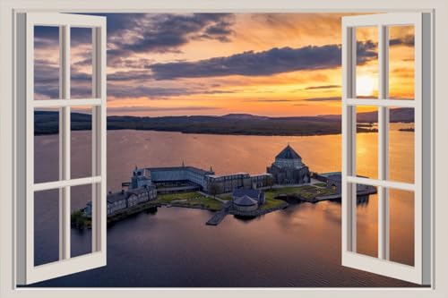 JVERF - JZZA23006 Ireland Sunrises and Sunsets Lake Island Evening| Self-Adhesive Open Window Wall Sticker