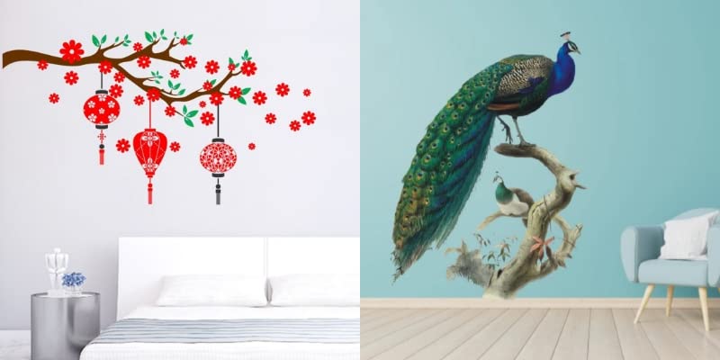 Combo of 2 Wall Stickers- Red Flower with Lantern & Nature Peacock Self Adhesive VinylWaterproof Decorative Wall Decals for Hall, Bedroom & Kitchen