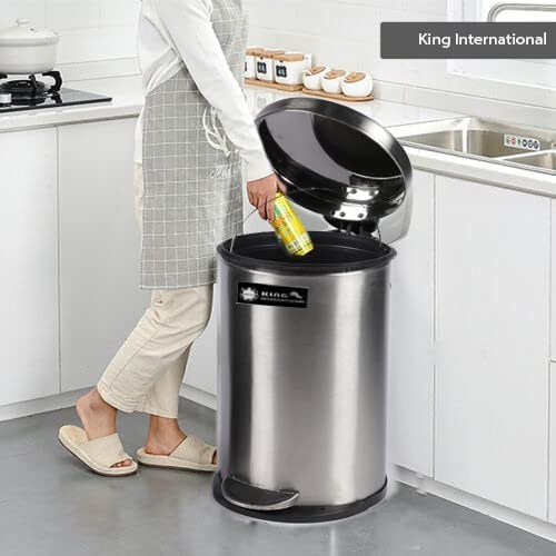 King International Stainless Steel Plain Pedal Dustbin with Lid And Bucket, Bathroom, Outdoor, Indoor, Kitchen, Bedroom, Office, Bathroom With Lid - 12X20 Inches 20 LTR (20 LTR, Silver)