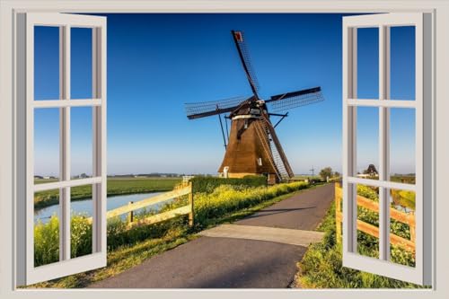 JVERF - JZZA25128 Netherlands Roads Streefkerk Mill Canal| Self-Adhesive Open Window Wall Sticker