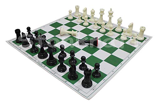 StonKraft 17'' x 17'' Tournament Chess Vinyl Foldable Chess Game With Solid Plastic Pieces (With TWO EXTRA QUEENS + Vinly Pouch) - For Professional Chess Players - Green