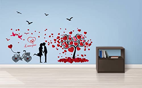 HS Décor Cute Couple loveing Hearts Tree with bycycle Birds for Home Decorative Multicolour Wall Sticker (100 Cm X 100)