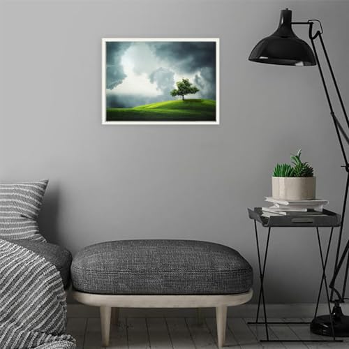 VERRE ART Printed Framed Canvas Painting for Home Decor Office Wall Studio Wall Living Room Decoration (14x10inch White Floater) - Lone Tree on a Hill